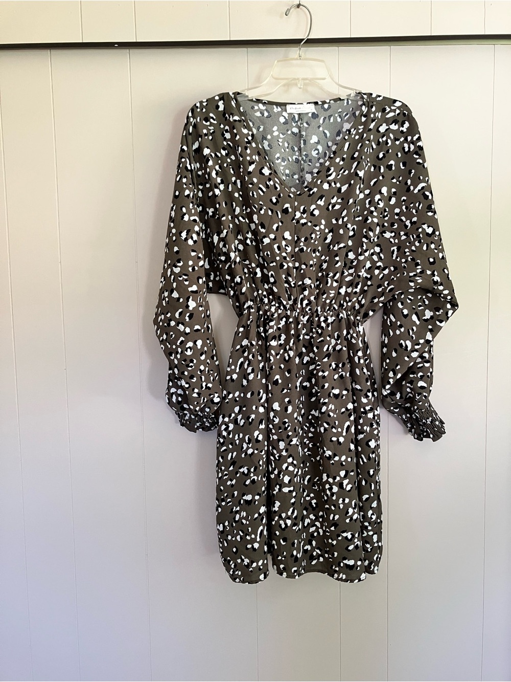 Long Sleeve Animal Print V-Neck Dress With Dolman Sleeves